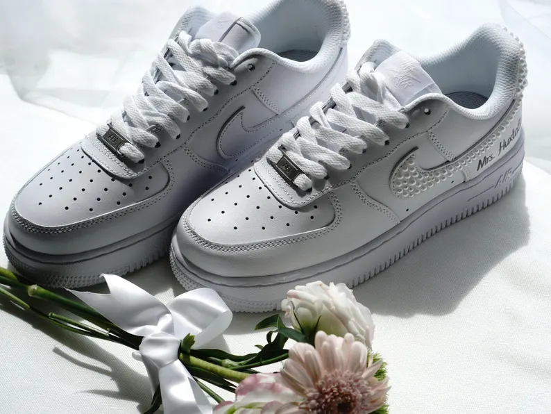 Wedding Personalized Sneakers • Prom • Graduation Pearl Crystal Bridal Shoes • Air Force 1 AF1 White Wedding Bling Sneakers • NK_01