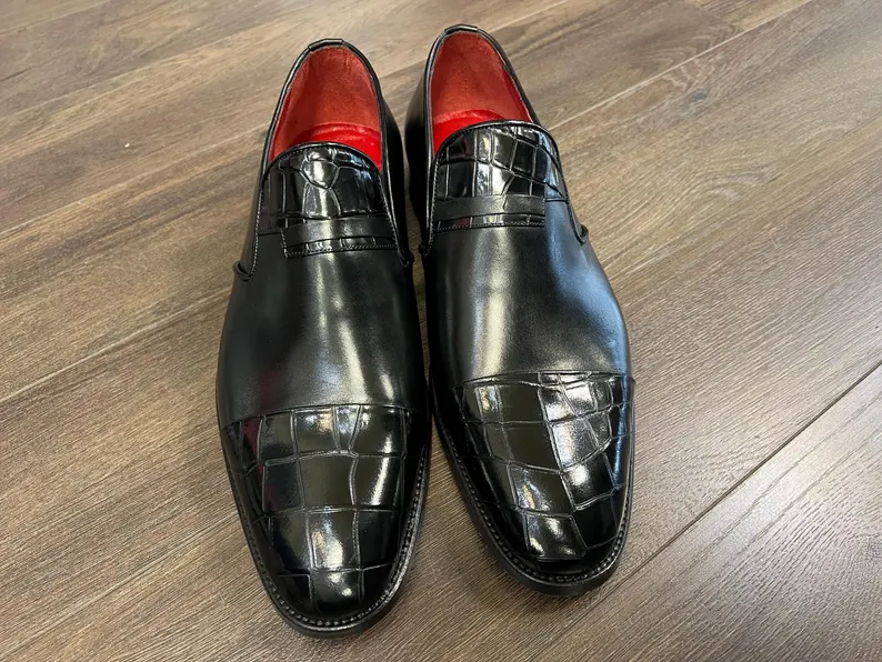 Handmade Black Leather Loafers, Red Sole Shoes for Men, Luxury Formal Wedding Shoes, Elegant Footwear, Black Tie Event Leather Shoes