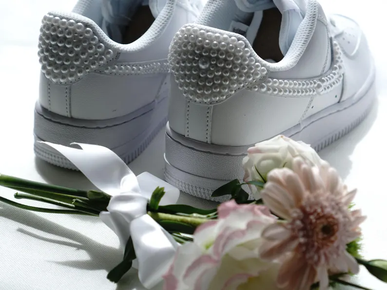 Wedding Personalized Sneakers • Prom • Graduation Pearl Crystal Bridal Shoes • Air Force 1 AF1 White Wedding Bling Sneakers • NK_01 - Image 3