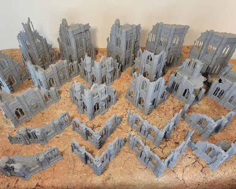 10th Edition 40k Tournament Terrain Set, 3dPrinted Wargame Terrain 28mm Scale Buildings in Ruins, Imperialis Sci fi Gothic Wargaming Scenery