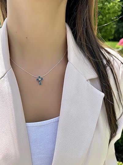Chocolate Diamond and 3/4 Carat Blue Topaz Cross Pendant Necklace for Women in 14k White Gold (Brown, 0.04 cttw) on 18 Inch Long Chain with Lobster Claw Clasp - Image 3