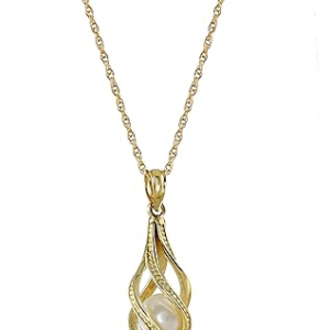Galaxy Gold GG 14K Solid Yellow Gold Necklace With Natural Pearl Pendant Cage Water Drop Spiral Design