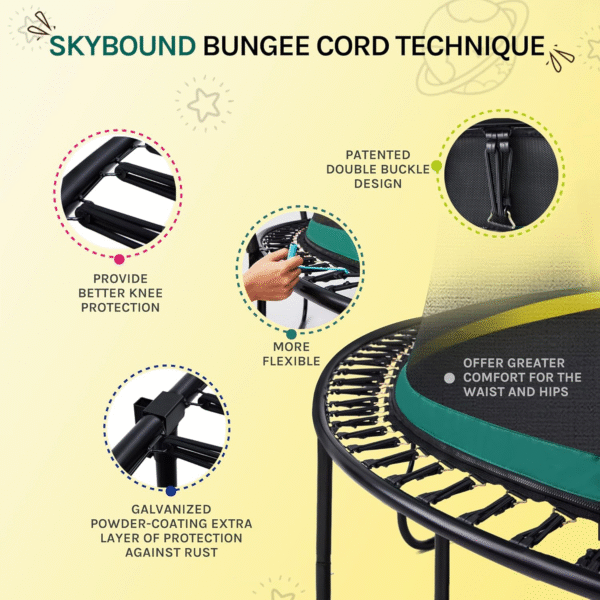 SkyBound 14 FT 12 FT 10FT 8FT 6FT Springless Trampoline for Kids and Adults - Recreational Trampolines with AntiRust Coating - Bungee Cords Outdoor Trampoline for Kids - No-Gap Design Zipper System Color	Green Brand	SkyBound Material	Galvanized Steel Frame Size	12 Feet Pad Type	PVC+PP Shape	Round Product Dimensions	144"L x 144"W x 35"H Frame Material	Stainless Steel Item Weight	117 Pounds Maximum Weight Recommendation	330 Pounds https://a.co/d/5JnPmTY - Image 2