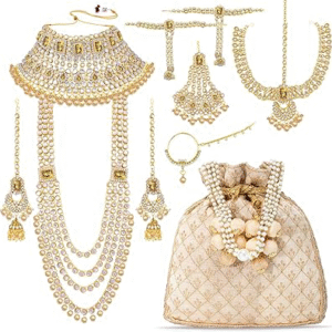 Aheli Combo of Ethnic Bridal Kundan Jewellery Set with Potli Bag Gift for Women Product details Material Brass Metal type Brass