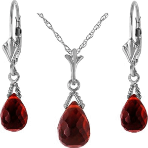 Galaxy Gold GG 14k Solid Gold Jewelry Set: Natural Briolette Garnet Pendant Necklace and Dangle Earrings