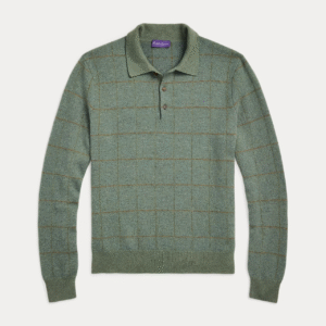 Plaid Cashmere-Wool Polo-Collar Sweater