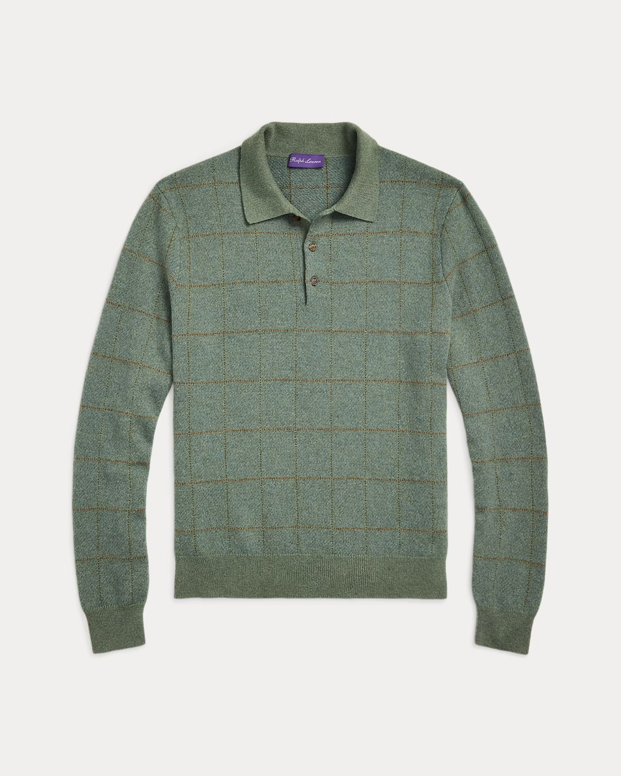 Plaid Cashmere-Wool Polo-Collar Sweater